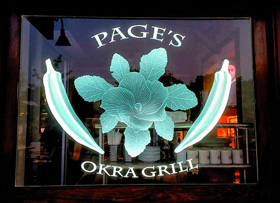 Page's Okra Grill, Mt. Pleasant, SC ~ Sand Carved Glass created by Lex Melfi