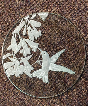 Humming Bird Sun Catcher Sand Carved Glass by Lex Melfi