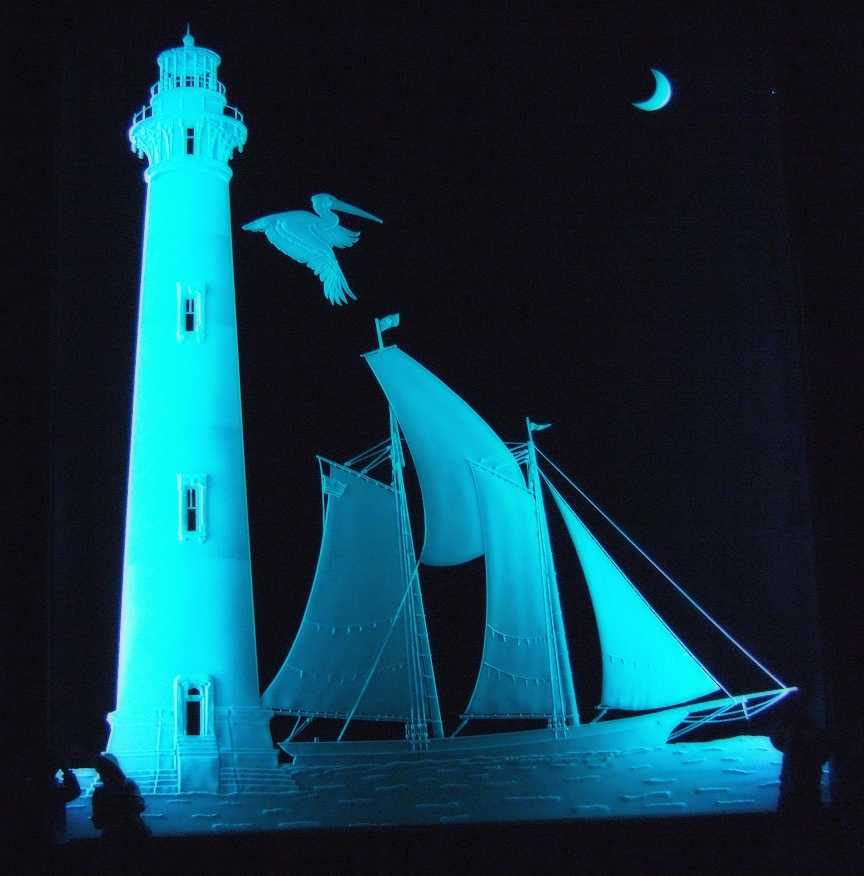 Sand Carved Glass_Morris Island Lighthouse and Spirit of South Carolina_Created by Lex Melfi