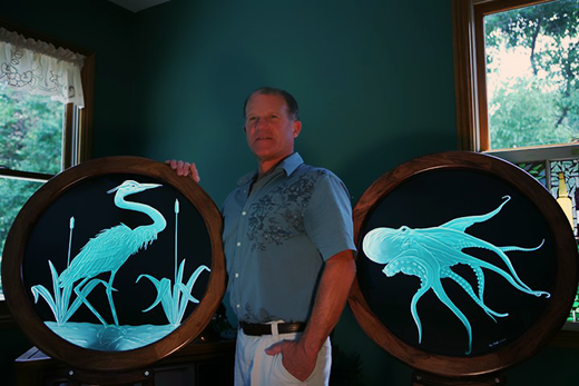 Framed Sand Carved Glass & Blue Heron & Octopus