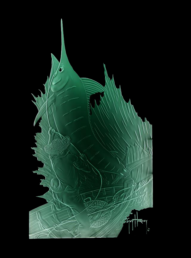 Earnest Hemingway and "The Marlin" Sand Carved Glass Created by Lex Melfi