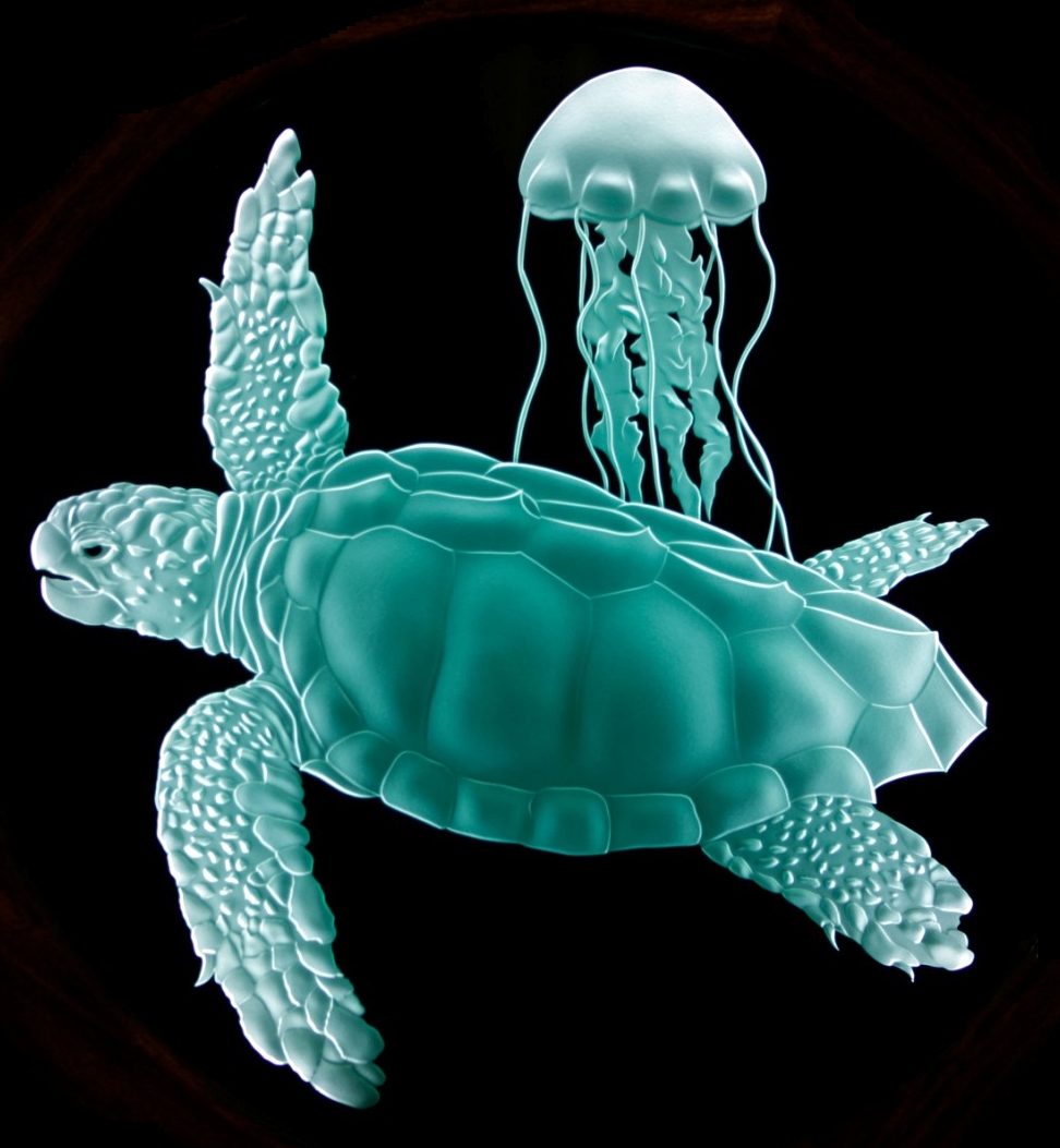 Loggerhead Turtle Detail - Sand Carved Glass by Lex Melfi