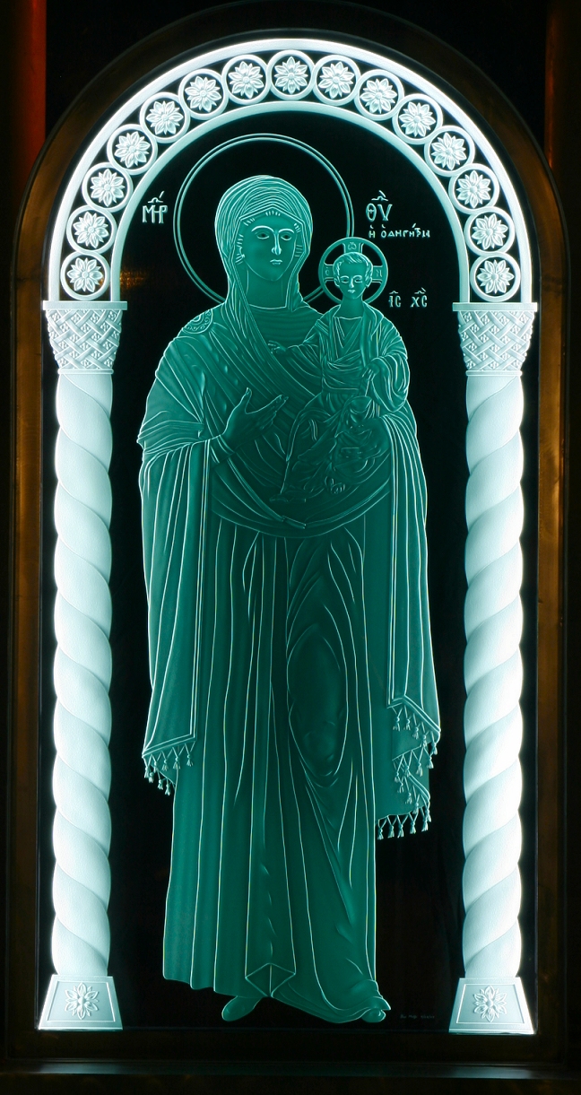 Mother Mary and Baby Jesus Sand Carved Glass created by Lex Melfi